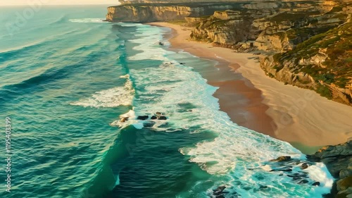 Aerial view of a serene coastal landscape with cliffs and gentle waves at sunset.