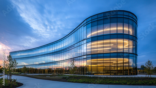 A sleek, curved glass building glows with the colors of the sunset, its reflective surface capturing the vibrant sky above. photo