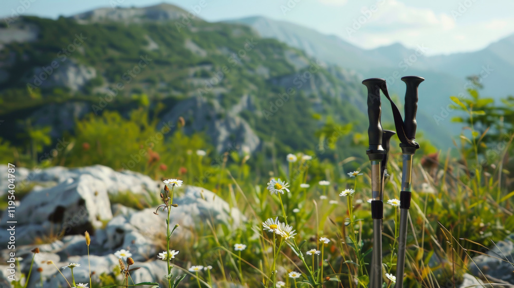 Trekking poles standing on a trail in the highlands. Hiking goods. Trekking poles standing on a trail in the highlands. Hiking goods.