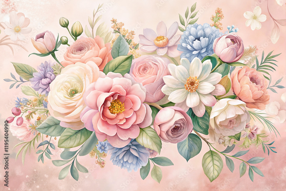 Fototapeta Pastel pink floral arrangement with roses and daisies