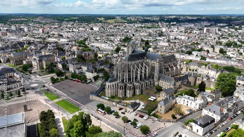Aerial footage of Le Mans, a city in Northwestern France
