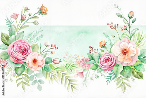Spring floral banner with roses and greenery