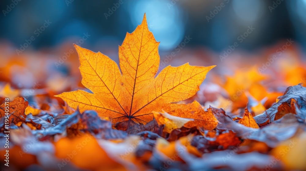 Vibrant Autumn Maple Leaf Surrounded by Colorful Fallen Leaves on a Soft Focus Background in a Picturesque Forest Scene Captured During Fall Season Vibrant Autumn Maple Leaf Surrounded by Colorful Fallen Leaves on a Soft Focus Background in a Picturesque Forest Scene Captured During Fall Season