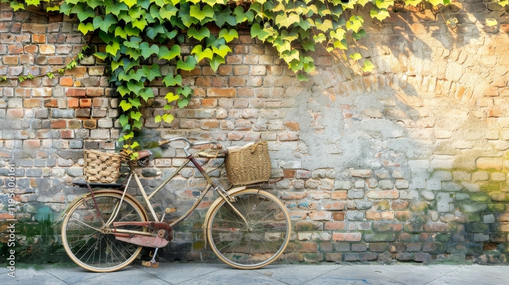 Fototapeta premium A vintage bicycle with wicker baskets rests against a brick wall adorned with ivy.