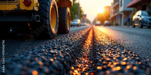Close-up view of a road showing tire tracks and sunset glow, symbolizing urban life.