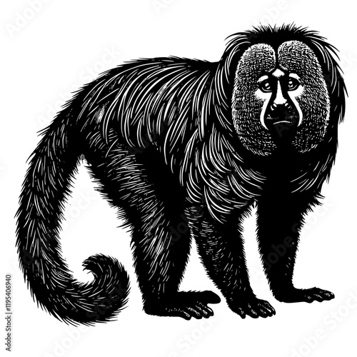black and white illustration of saki monkey, silhouette of saki monkey