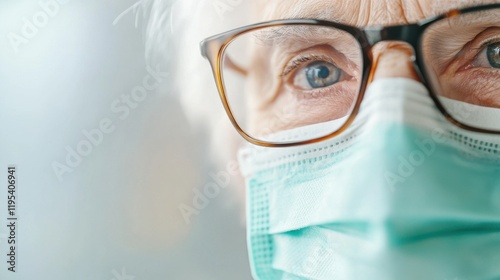 Close-up of an elderly person wearing glasses and a protective mask, highlighting their expressive eyes in a soft-focus background. photo