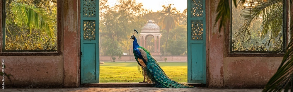 Fototapeta premium A vibrant Mughal-style garden illustration with a peacock and a temple, ideal for cultural or artistic themes.