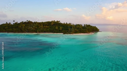 Aerial view of a tropical island with lush greenery and clear turquoise waters.