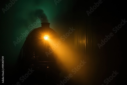 Steam locomotive in dark misty atmosphere photo