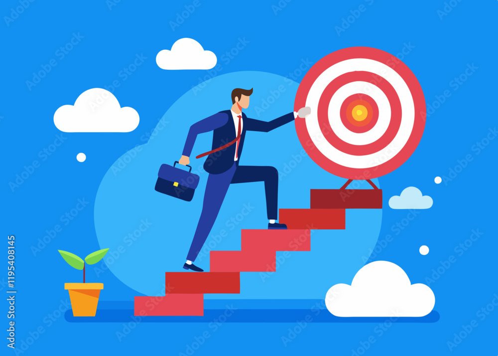 Business Success Concept with Businessman Climbing Steps to Target in Motivational Illustration Business Success Concept with Businessman Climbing Steps to Target in Motivational Illustration