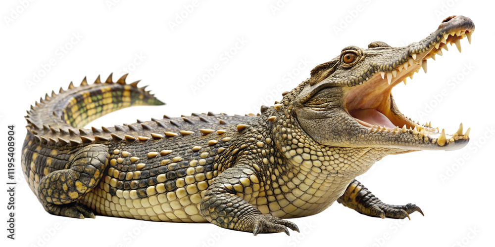 Obraz premium aggressive wild crocodile with open mouth showing dangerous teeth isolated on white