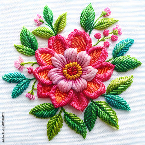 Vibrant Pink Flower Embroidery Design Colorful Floral Needlework Art craft green bloom image retro  