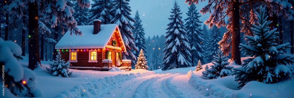 Cozy winter cabin surrounded by snow-covered trees and festive lights. Cozy winter cabin surrounded by snow-covered trees and festive lights.