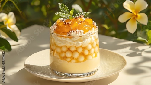 Delicious dessert with fruits, cream, and boba served in a glass. photo