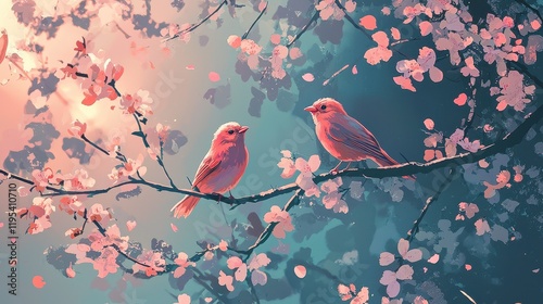 Blossoming Trees and Singing Birds in Spring photo