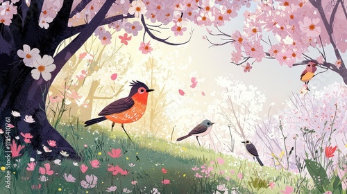 Spring Awakens with Blossoming Trees and Birds photo