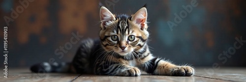Cute tabby cat lying on a wooden floor with an expressive gaze and playful demeanor.