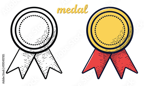 medal hand drawn engrave style vector art icon