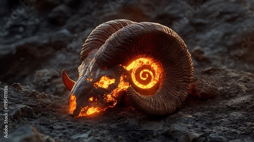 A glowing ram skull with spiraling horns resting on a rocky plateau photo