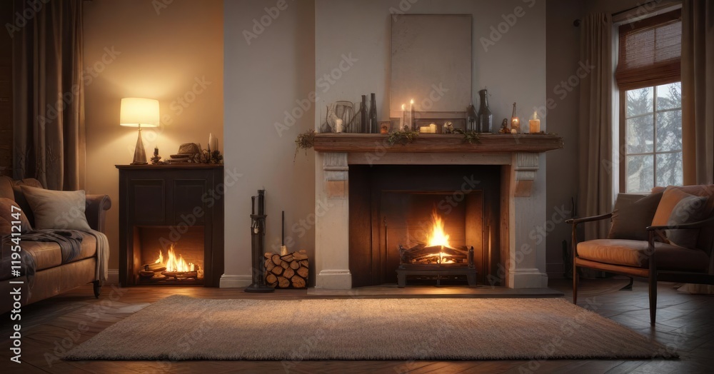 A decorated room with a warm and cozy fireplace, peaceful haven, coziness A decorated room with a warm and cozy fireplace, peaceful haven, coziness