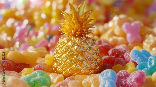 A golden pineapple surrounded by taffy and sour gummies
