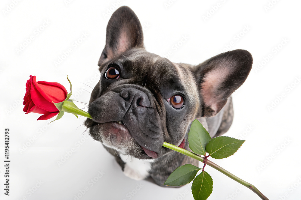 Fototapeta premium An adorable French bulldog dog holds a red rose in its mouth ready to give it to its owner in valentine's day.