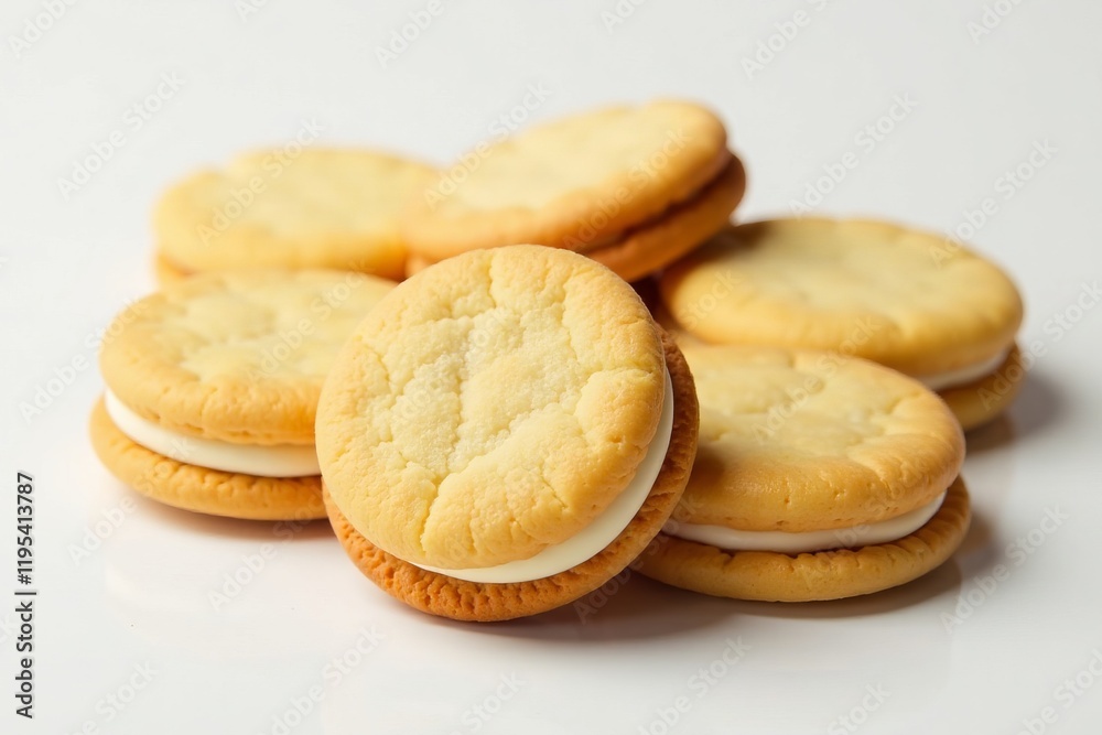 Delicious cream-filled cookies stacked on a white surface, perfect for a treat. Delicious cream-filled cookies stacked on a white surface, perfect for a treat.