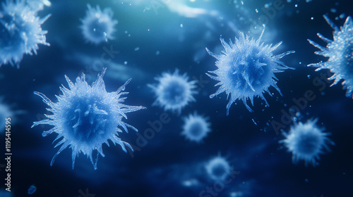 Blue Virus Cells Floating Against a Dark Background - Scientific and Medical Microbiology Illustration