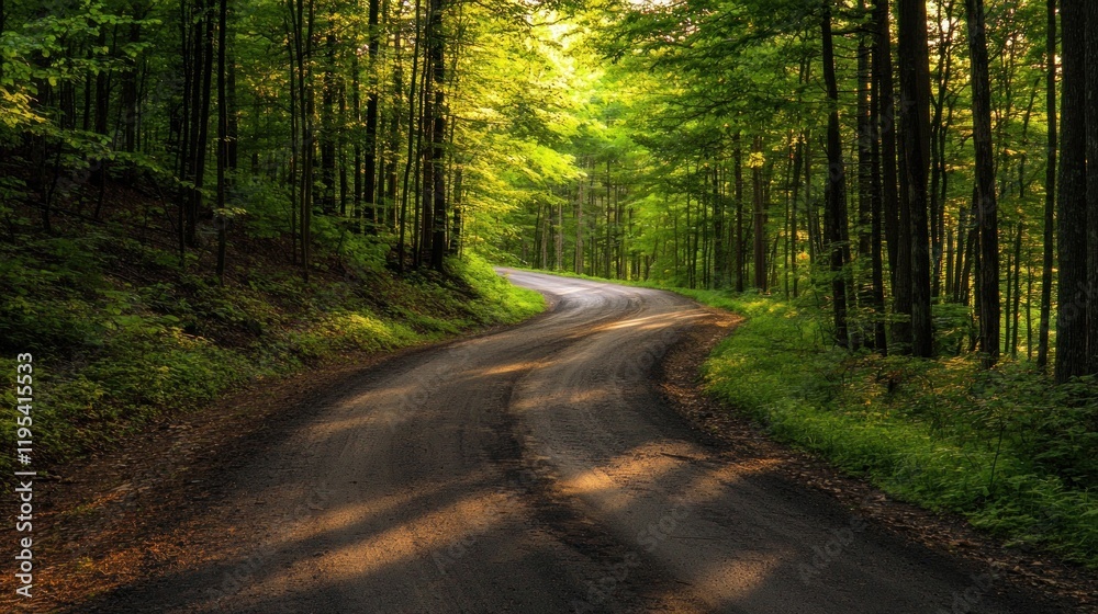 Fototapeta premium Serene Forest Path: A Winding Road Through Lush Green Woods