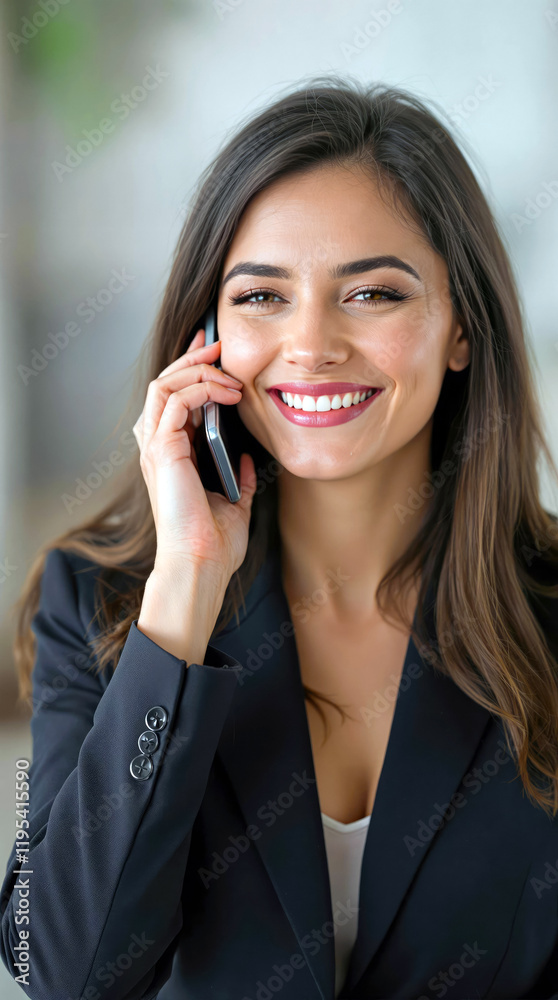 Smiling businesswoman on phone call dressed in black blazer Positive and professional communication Smiling businesswoman on phone call dressed in black blazer Positive and professional communication