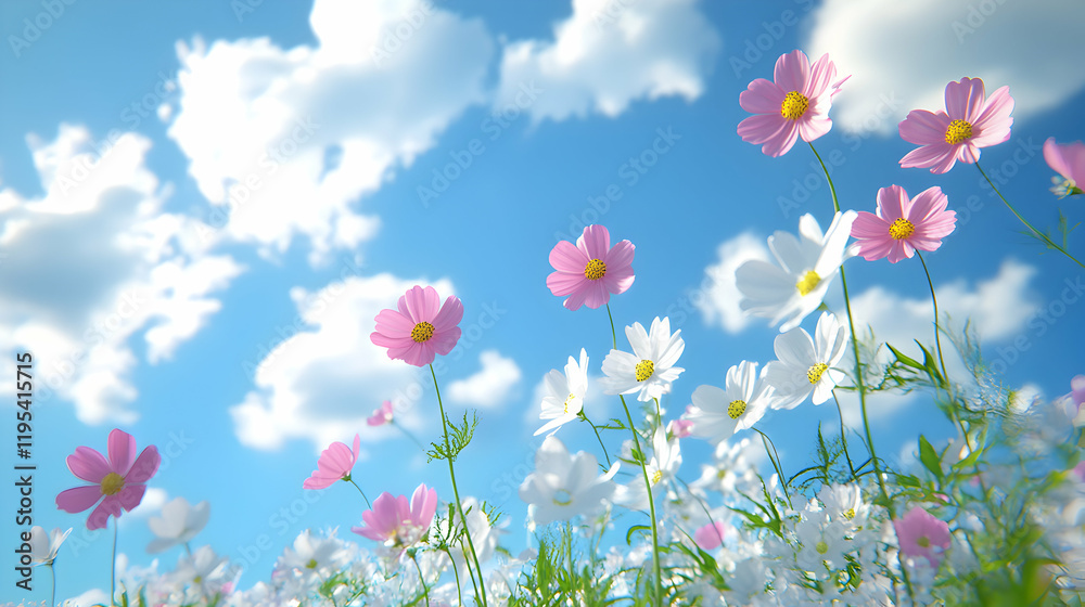Vibrant cosmos flowers blossom under a bright, sunny sky. A cheerful scene of pink and white blooms against a backdrop of fluffy clouds. Vibrant cosmos flowers blossom under a bright, sunny sky. A cheerful scene of pink and white blooms against a backdrop of fluffy clouds.