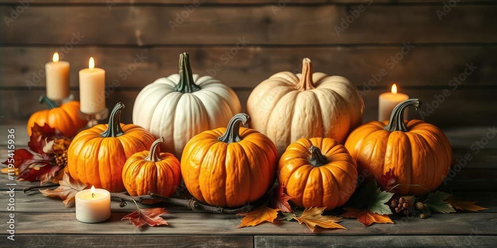 A festive group of pumpkins arranged on a wooden surface with autumn leaves and twigs, surrounded by a halo of soft candlelight, seasonal celebration, cozy atmosphere, halloweens decorations A festive group of pumpkins arranged on a wooden surface with autumn leaves and twigs, surrounded by a halo of soft candlelight, seasonal celebration, cozy atmosphere, halloweens decorations