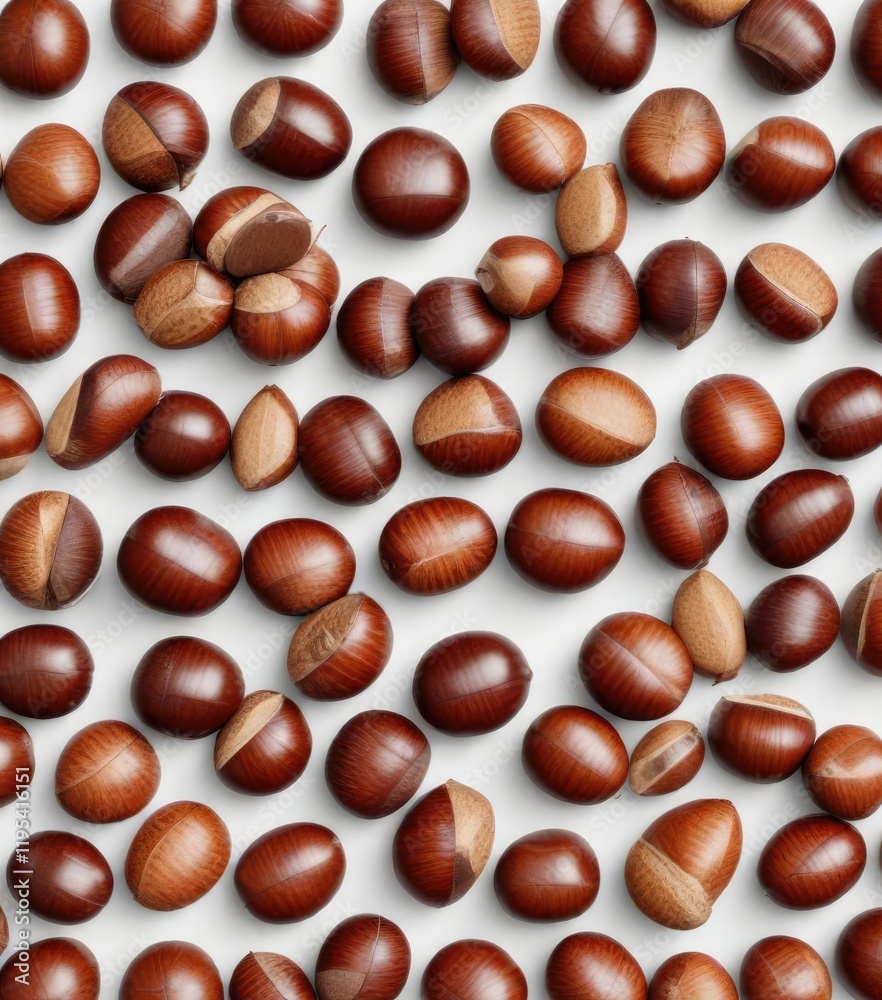 A few brown chestnuts arranged in a symmetrical pattern against a clean white backdrop , white, food, nuts A few brown chestnuts arranged in a symmetrical pattern against a clean white backdrop , white, food, nuts
