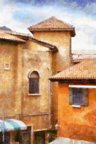 Landscape of Italian architecture buildings Tuscan architecture Chalk paint Illustrations creates art style impressionism of painting.