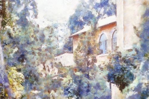Landscape of Italian architecture buildings Tuscan architecture Chalk paint Illustrations creates art style impressionism of painting.