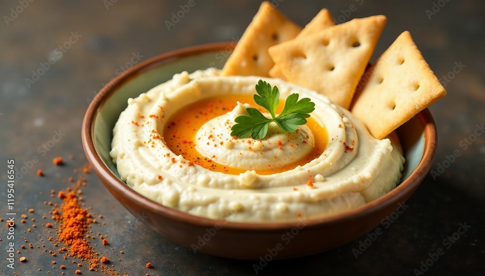 Delicious hummus served with crispy crackers and garnished with parsley. Delicious hummus served with crispy crackers and garnished with parsley.