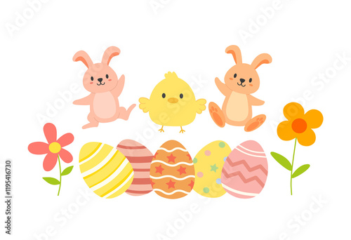 Cute easter clipart. Easter illustration with eggs and rabbits.