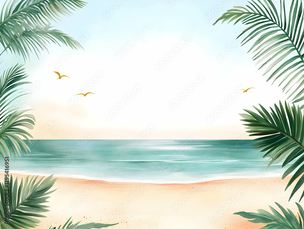 Obraz premium Tropical Beach Illustration: Palm Leaves and Ocean
