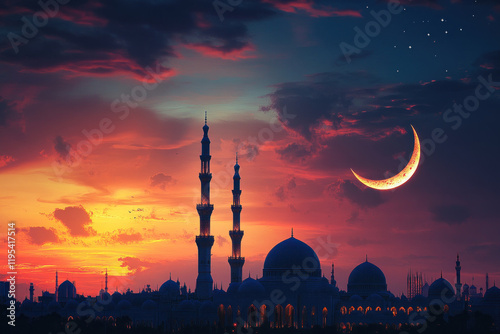 Mosque with crescent in the sky, symbolizing Islamic faith and spirituality.