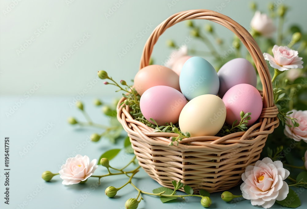 Naklejka premium An Easter poster featuring a basket filled with colorful eggs.