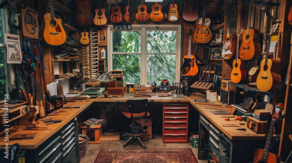A quaint, small-scale guitar studio filled with tools, wood samples, and a cozy, creative atmosphere A quaint, small-scale guitar studio filled with tools, wood samples, and a cozy, creative atmosphere