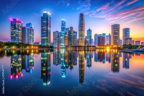 A futuristic cityscape at dusk with sleek skyscrapers and neon lights reflected in a calm lake, urban landscape, reflective water, architecture