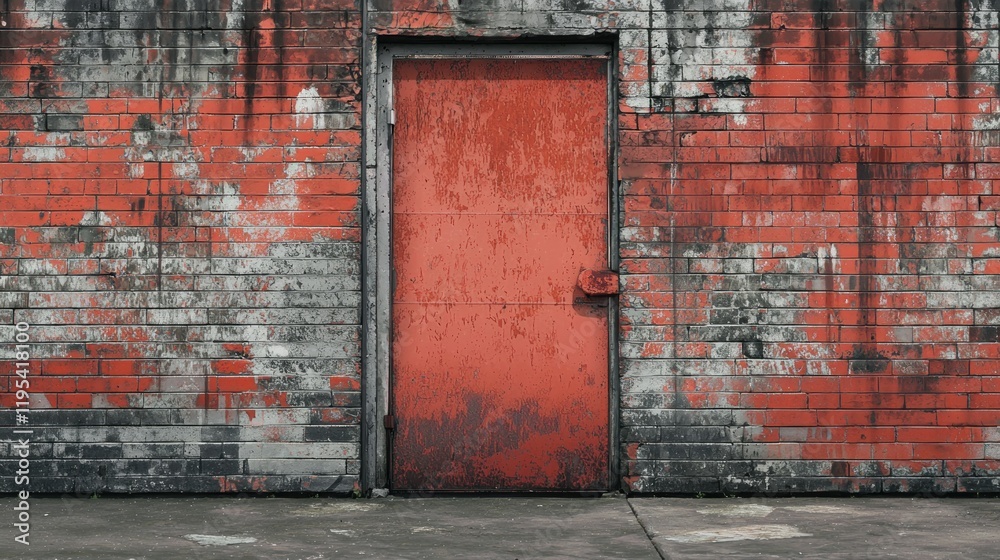Naklejka premium Red Door in a Weathered Brick Wall
