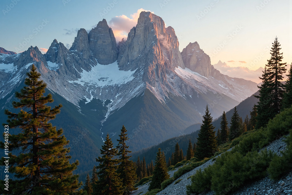 Fototapeta premium Photograph of a majestic, snow-capped mountain range at sunset, with evergreen trees in the foreground, casting long shadows.
