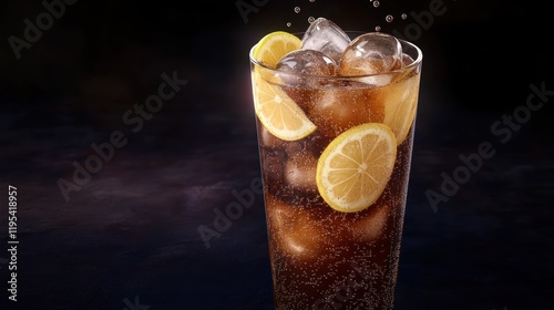 Refreshing Lemon Iced Beverage with Ice Cubes Against a Dark Background - Perfect for Summer Promotions photo