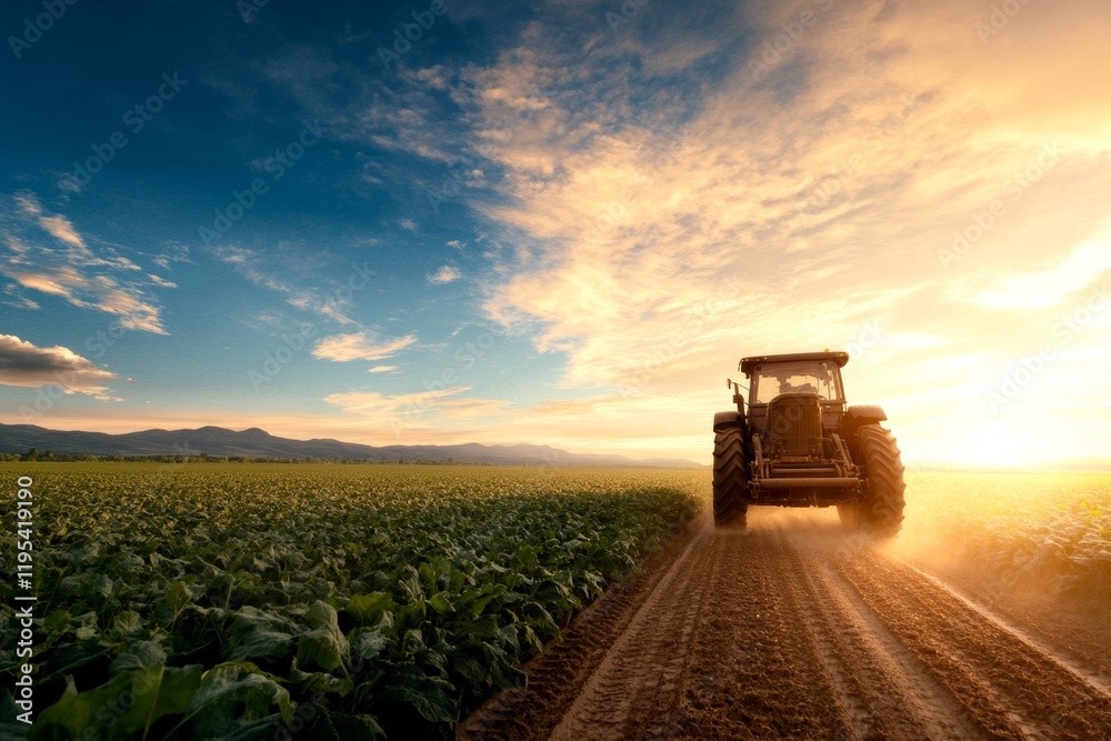 Fototapeta premium Tractor driving through a field at sunset. The warm colors of the setting sun illuminate the landscape, creating a peaceful and serene atmosphere.