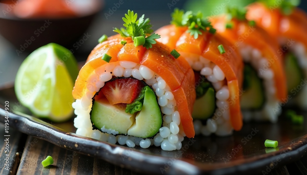 Delicious sushi rolls topped with fresh salmon, vegetables, and lime slice. Delicious sushi rolls topped with fresh salmon, vegetables, and lime slice.
