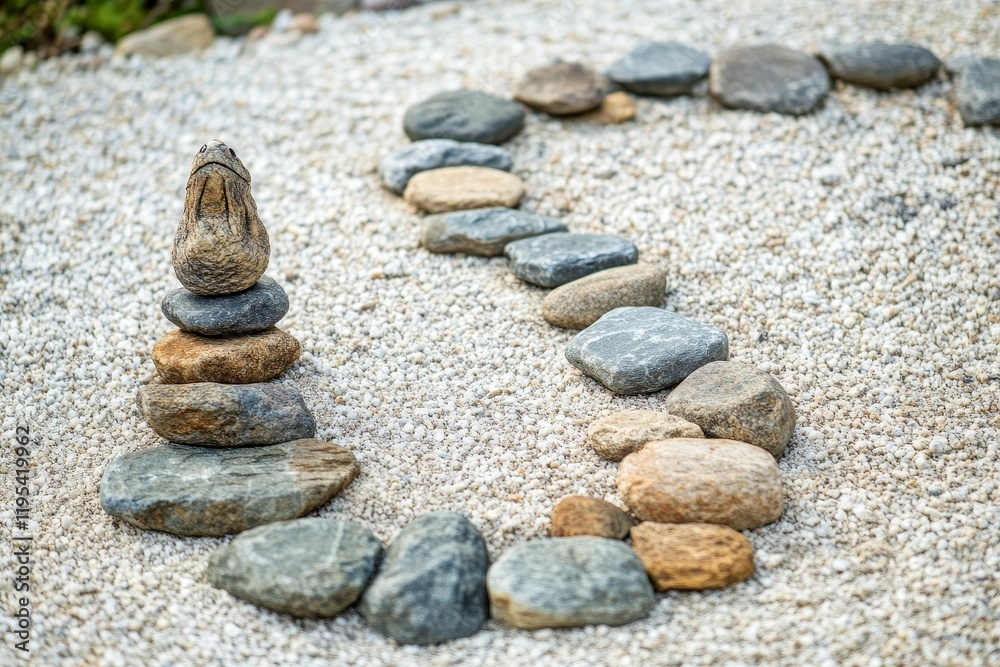 Stone stack and pebble path curve. Stone stack and pebble path curve.