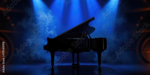 A grand piano sits center stage under a deep blue spotlight, surrounded by pale gold smoke that gently wafts across its polished surface, refined, classic